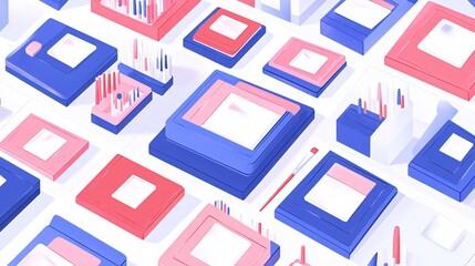 Abstract geometric shapes with red, blue, and white colors.