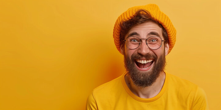 Excited bearded man celebrating success, amazed, laughing, and surprised with a charming, fun, and happy expression, November Movember, man in yellow background 
