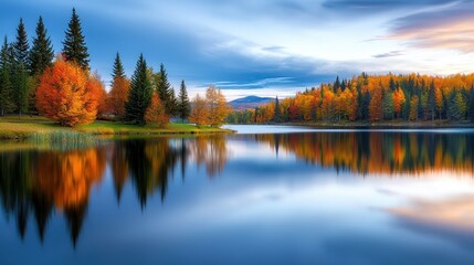 Obraz premium A still lake reflecting colorful autumn trees, a serene scene perfect for landscape photography in fall.