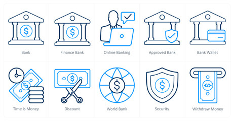 A set of 10 finance and money icons as bank, finance bank, online banking