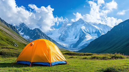 Orange tent in the mountains on a summer day