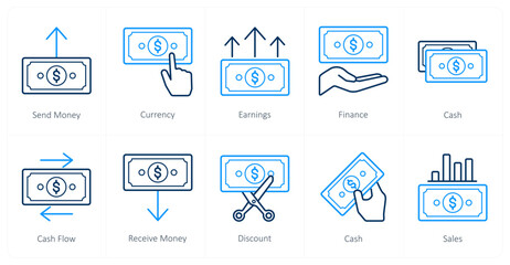 A set of 10 finance and money icons as send money, currency, earnings