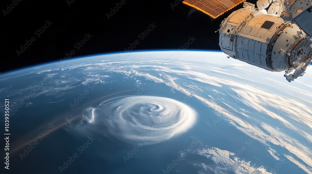Poster a view of outer space from an orbiting space station, showing the curvature of a planet with space s