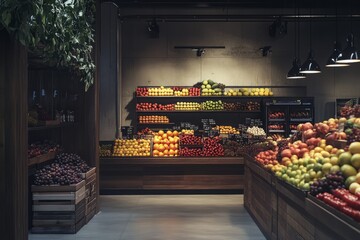 modern rich fruit supermarket background with beautiful lighting, large floor space , fresh produce , fresh fruit, fresh vegetables