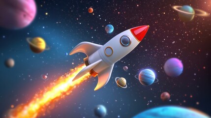 A whimsical cartoon rocket ship soaring through space, leaving behind a trail of stars and colorful planets in the background