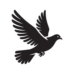 Obraz premium Black silhouette of a flying pigeon with wings spread.