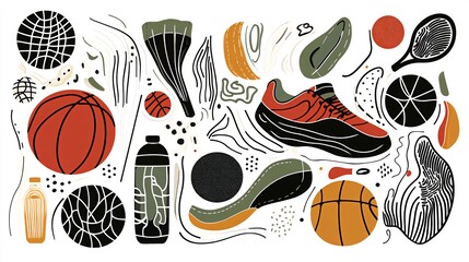 Abstract sports illustration with basketball, tennis racket, shoes, and water bottles.