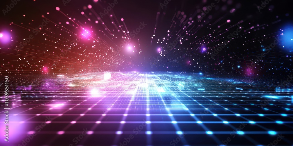 Poster abstract holographic grid with luminous tech particles and transparent layers of digital data.