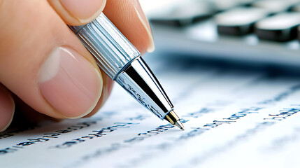 hand holding pen is poised over business plan document, emphasizing importance of planning and strategy in business. scene conveys focus and determination