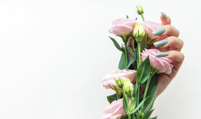 A hand holding soft pink flowers with green accents against a white background showcasing fresh...