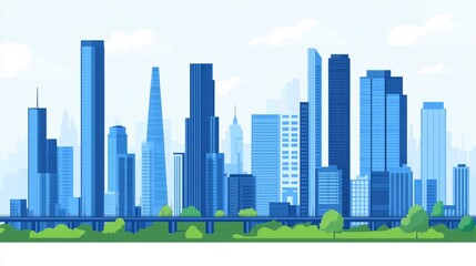 Fototapeta premium Blue Skyscrapers Cityscape with Green Park.