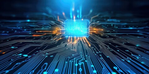 AI and digital technology background with flowing data streams and neural networks, evoking intelligence.