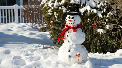 Obraz premium Christmas Snowman in the Snow - a charming and playful winter scene. The snowman adds a delightful touch to the snowy landscape.