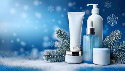  High-quality image of skincare products set in a serene winter landscape, perfect for capturing the essence of a beauty brand.