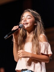 Teenage Girl Singing on Stage with Joyful Expression