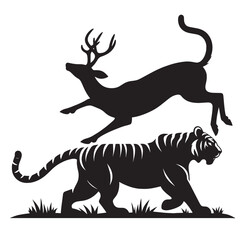 Black silhouette of a tiger stalking a jumping deer.