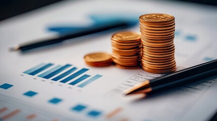 Stacked coins on financial documents and pens.