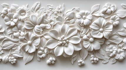 3D ornamental pattern in white clay, with carefully sculpted floral details and smooth, hand-carved textures that create a sense of depth and realism.