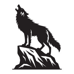Black silhouette of a wolf howling on a rock.
