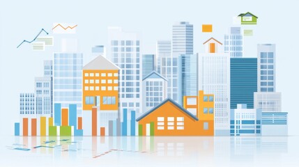 Fototapeta premium Colorful city buildings with graphs and charts reflecting in water.