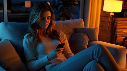 Woman relaxing on a couch, using a smartphone.