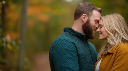 Fototapeta premium Couple sharing a tender moment in a lush autumn forest.