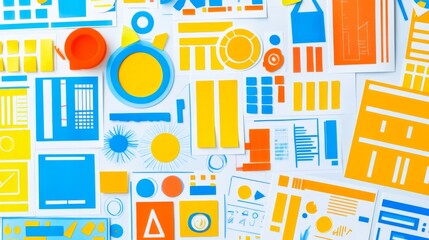 Colorful geometric shapes and patterns on a white background.