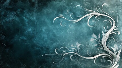 Abstract ornamental design with elegant white curves and tendrils flowing across a dark teal canvas, inspired by Art Nouveau's organic style.