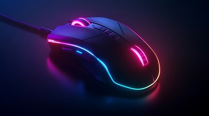 A black gaming mouse with neon blue and pink lights on a dark background.