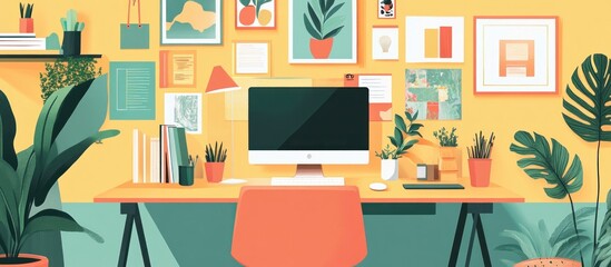 Modern minimalist home office with a computer, desk, plants, and colorful artwork on the yellow wall.