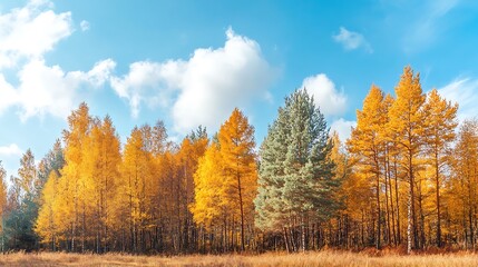 Fototapeta premium A row of tall deciduous trees with vibrant yellow fall foliage stand in front of a green evergreen tree with a bright blue sky above, fluffy white clouds and brown grass in the foreground.