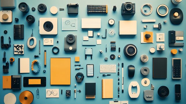 Flat lay of various office supplies, tech gadgets, and tools on a blue background.