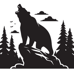 Silhouette of a bear roaring on a cliff in the forest with birds flying overhead.
