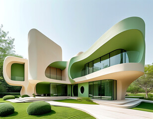 A stunning contemporary house with organic shapes and green landscapes in bright sunlight