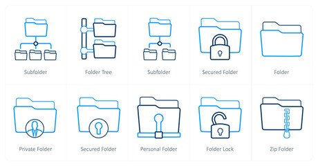 A set of 10 Folder icons as sub folder, folder tree, secured folder