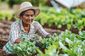 A gardener plants seedlings of greenery or flowers, hands in gardening gloves. Spring sustainable gardening