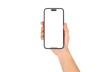 Hand holding smartphone with blank screen isolated on white background.