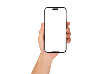 Hand holding smartphone with blank screen isolated on white background.
