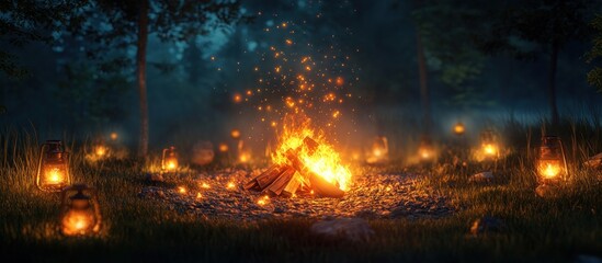 Naklejka premium A glowing campfire in the middle of a dark forest with lanterns scattered around.
