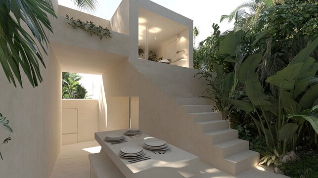 Minimalist modern dining area with tropical greenery and concrete stairs leading up to an open-plan living space.