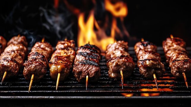 Grilled skewers of meat with flames in the background, presenting delicious barbecue.