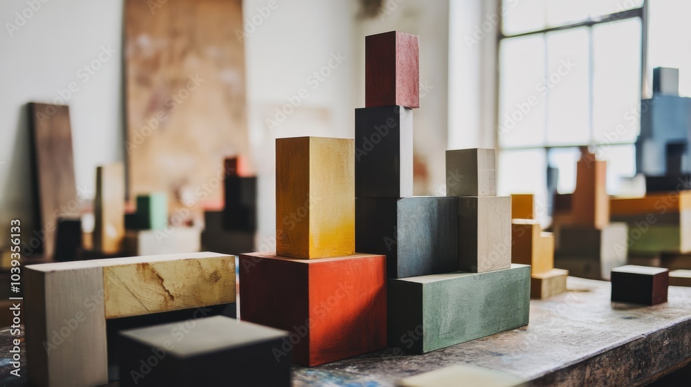 Poster a creative workshop with artists crafting abstract sculptures from blocks, blocks arranged for artis