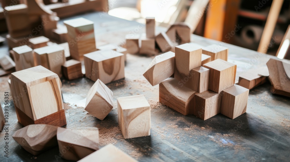 Poster a creative workshop with artists crafting abstract sculptures from blocks, blocks arranged for artis