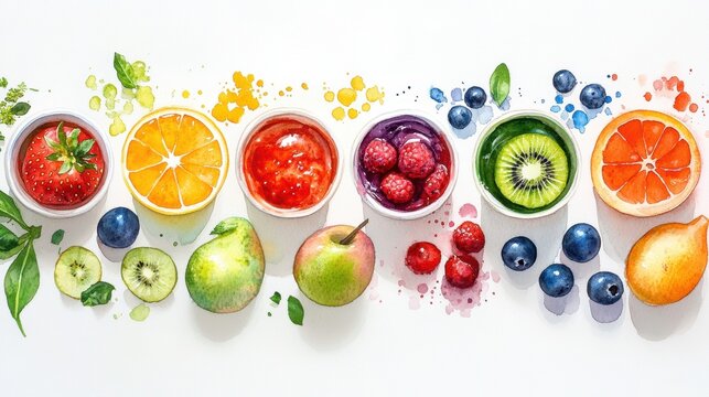 Watercolor fruits and vegetables promoting healthy diet and lifestyle