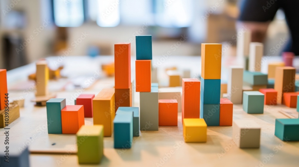 Poster a creative workshop with designers building interactive art installations from blocks, blocks arrang