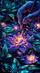 Fototapeta premium Illuminating Nature A Hand Painting Vibrant Lotus Flowers in a Dreamy Landscape
