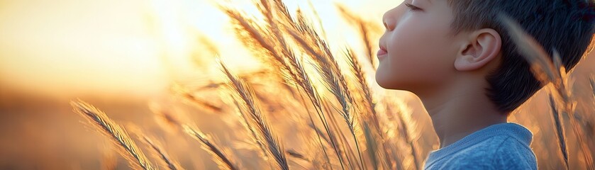A young boy enjoying the sunset amidst tall grass during golden hour.