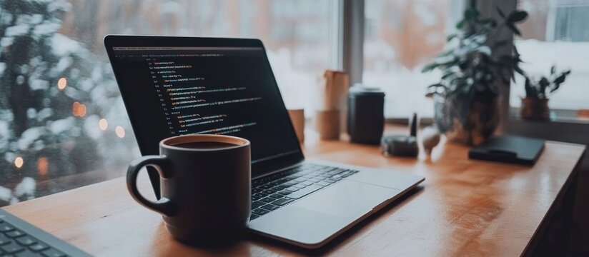 A laptop with code on the screen, a mug of coffee, and a plant in the background on a wooden table.