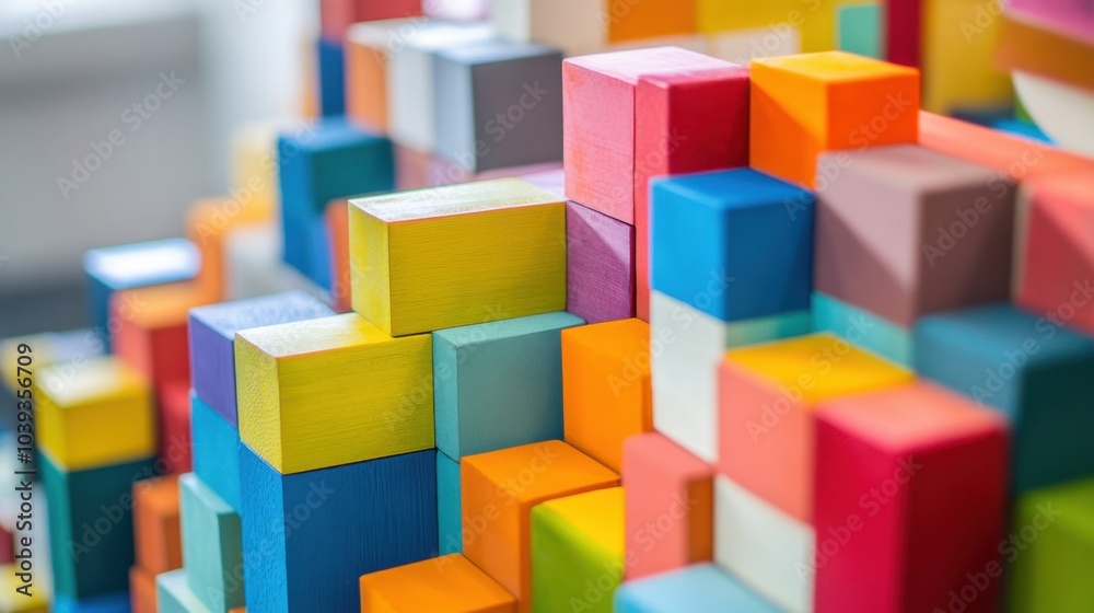 Poster a creative workshop with designers building interactive art installations from blocks, blocks arrang