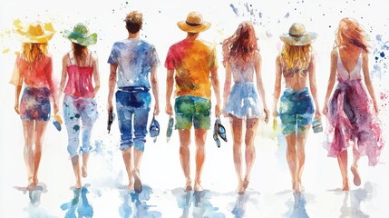 Group of friends walking on the beach in summertime